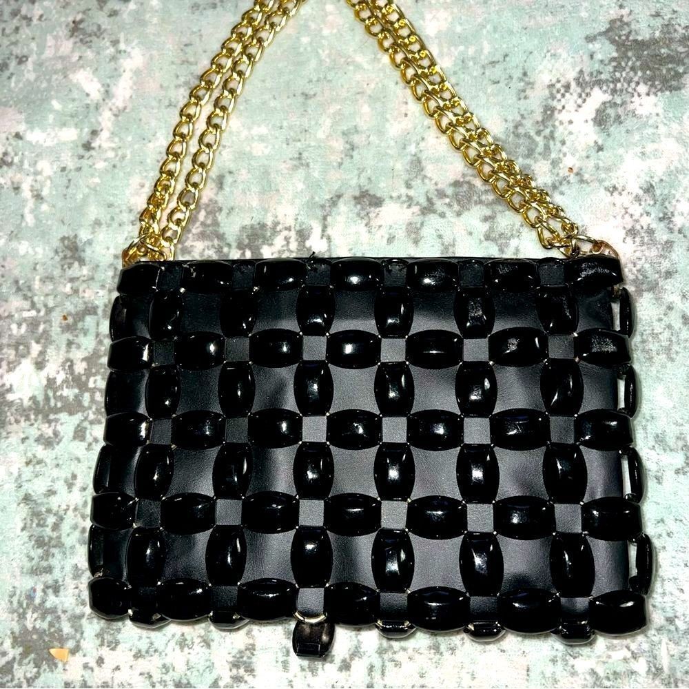 walburg Elegant Black Woven Bag with Gold Chain